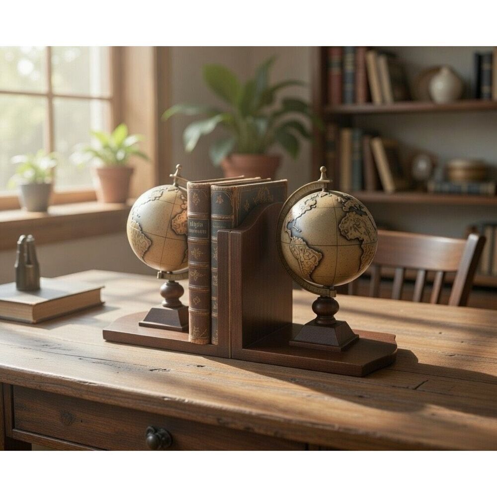 World Map Globe Bookends Spinning Wood Base, 2.1 lbs each, Home Interiors